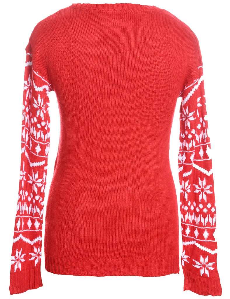 Christmas Tree Design Red, Green & White Knit Jumper - S
