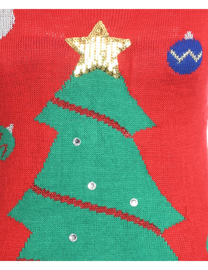 Christmas Tree Design Red, Green & White Knit Jumper - S