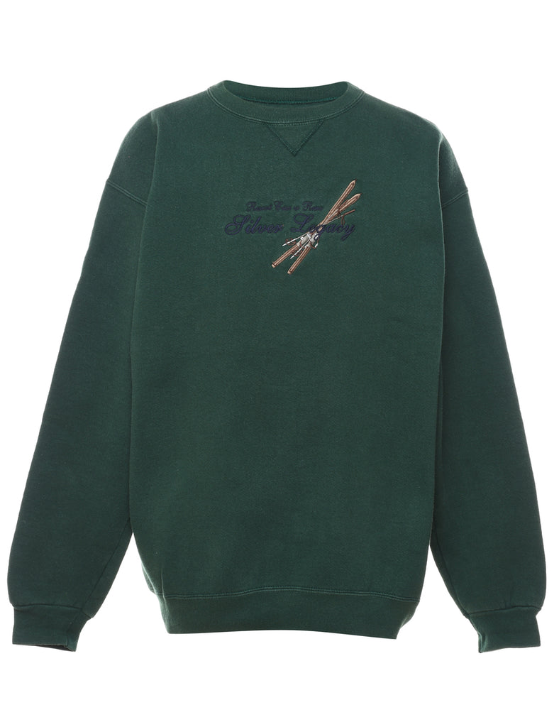 Dark Green Embroidered Round Neck Sweatshirt - M