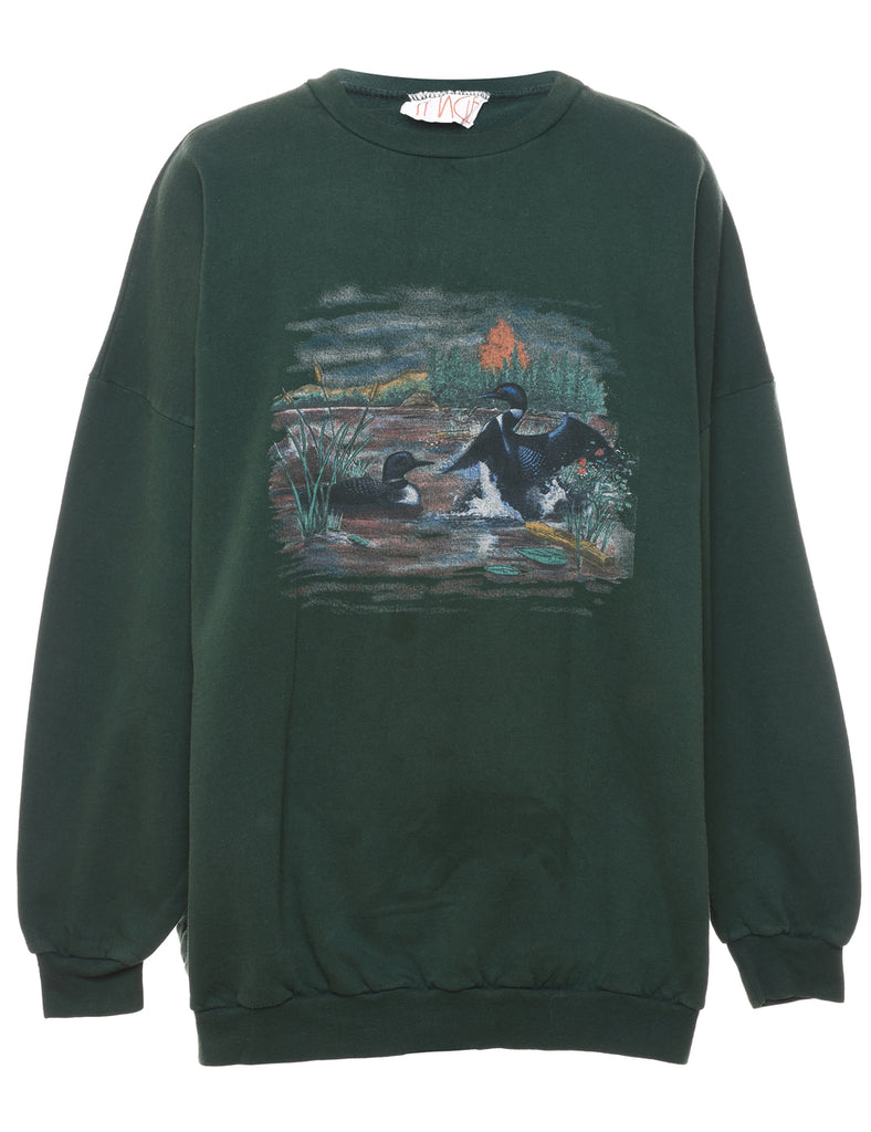 Dark Green Landscape Design Printed Sweatshirt - XL