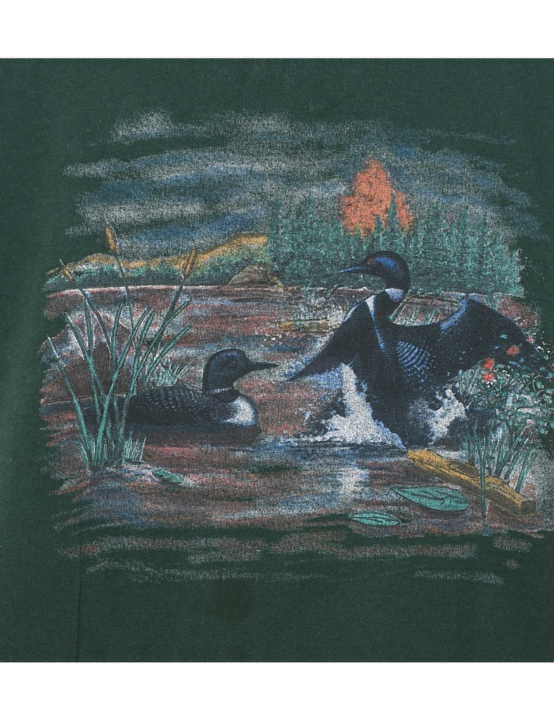 Dark Green Landscape Design Printed Sweatshirt - XL