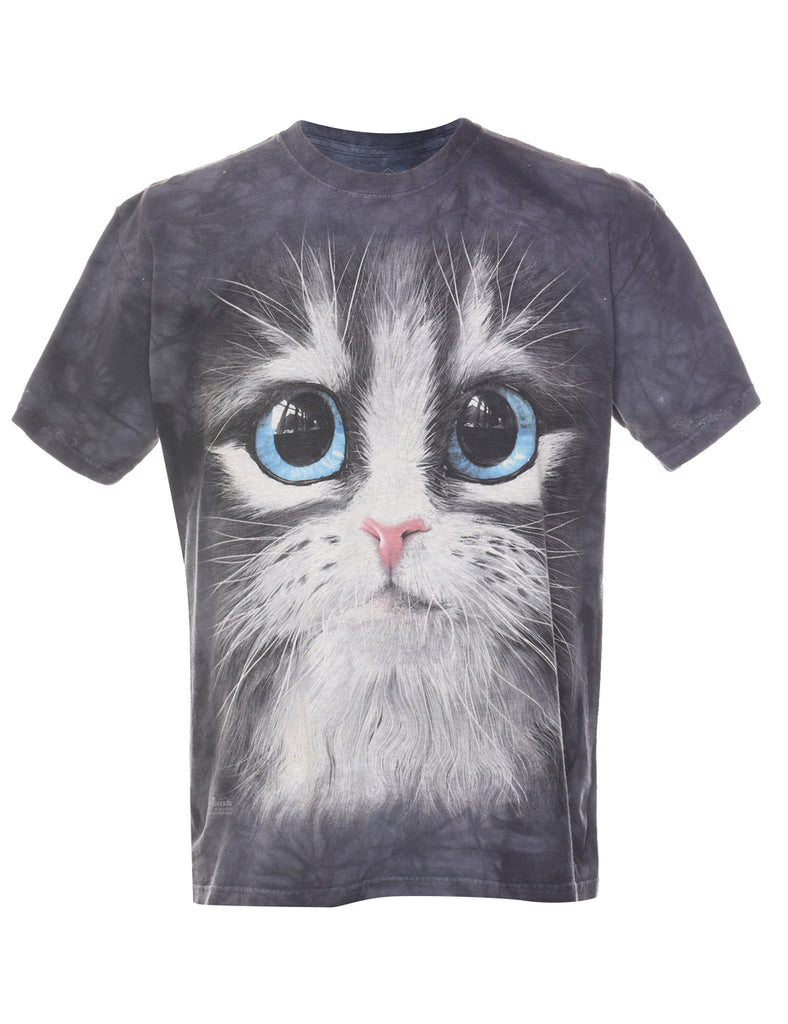 Dark Grey Tie Dye The Mountain Cat Design Animal T-shirt - M