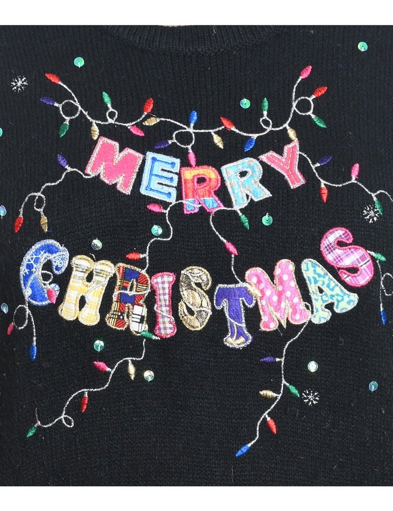 Festive Season Black Embroidered Christmas Jumper - M