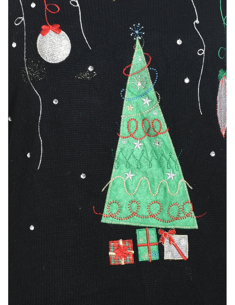 Festive Season Black Embroidered Design Jumper - L