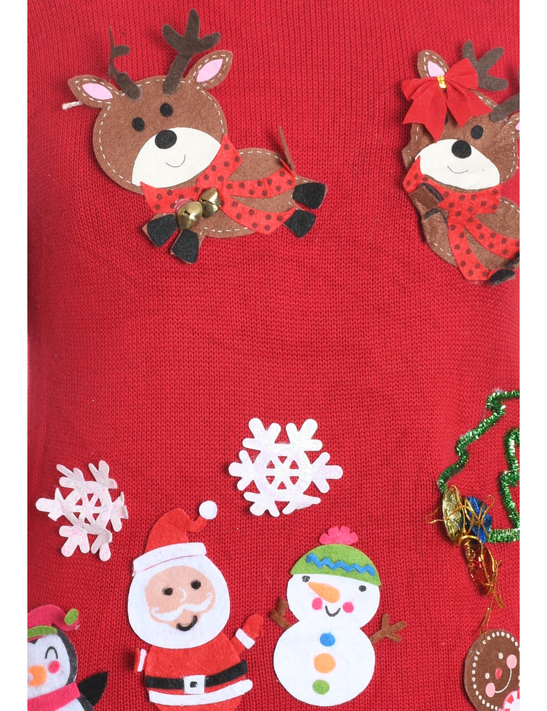 Festive Season Red & Green Reindeer Design Christmas Jumper - S