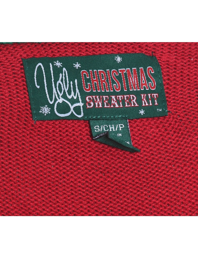 Festive Season Red & Green Reindeer Design Christmas Jumper - S