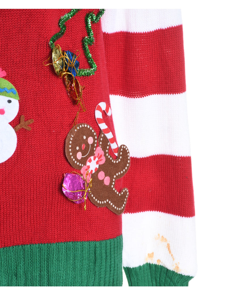Festive Season Red & Green Reindeer Design Christmas Jumper - S