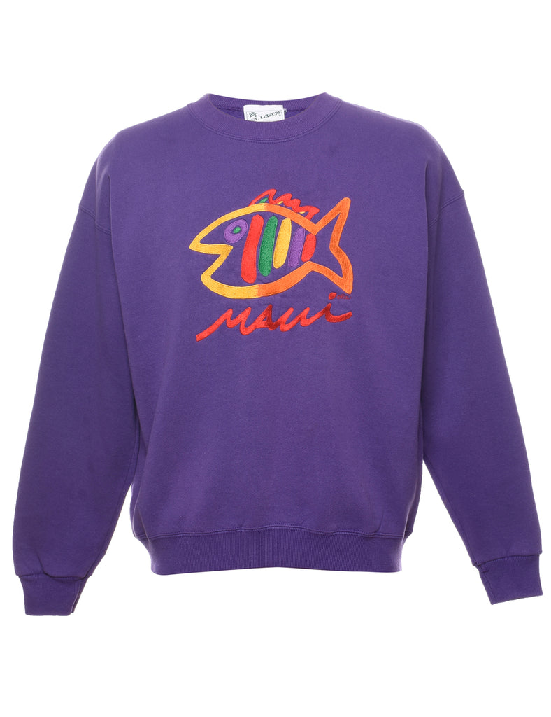 Fish Embroidered Purple Sweatshirt - L