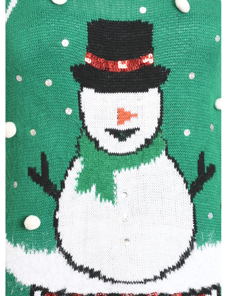 Green & White Snowman Design Knit Jumper - L