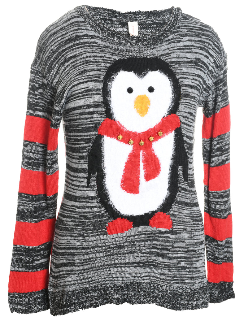 Grey & Red Striped Knit Christmas Jumper  - M