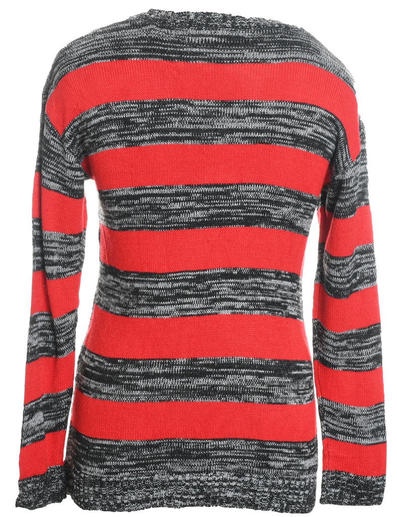Grey & Red Striped Knit Christmas Jumper  - M