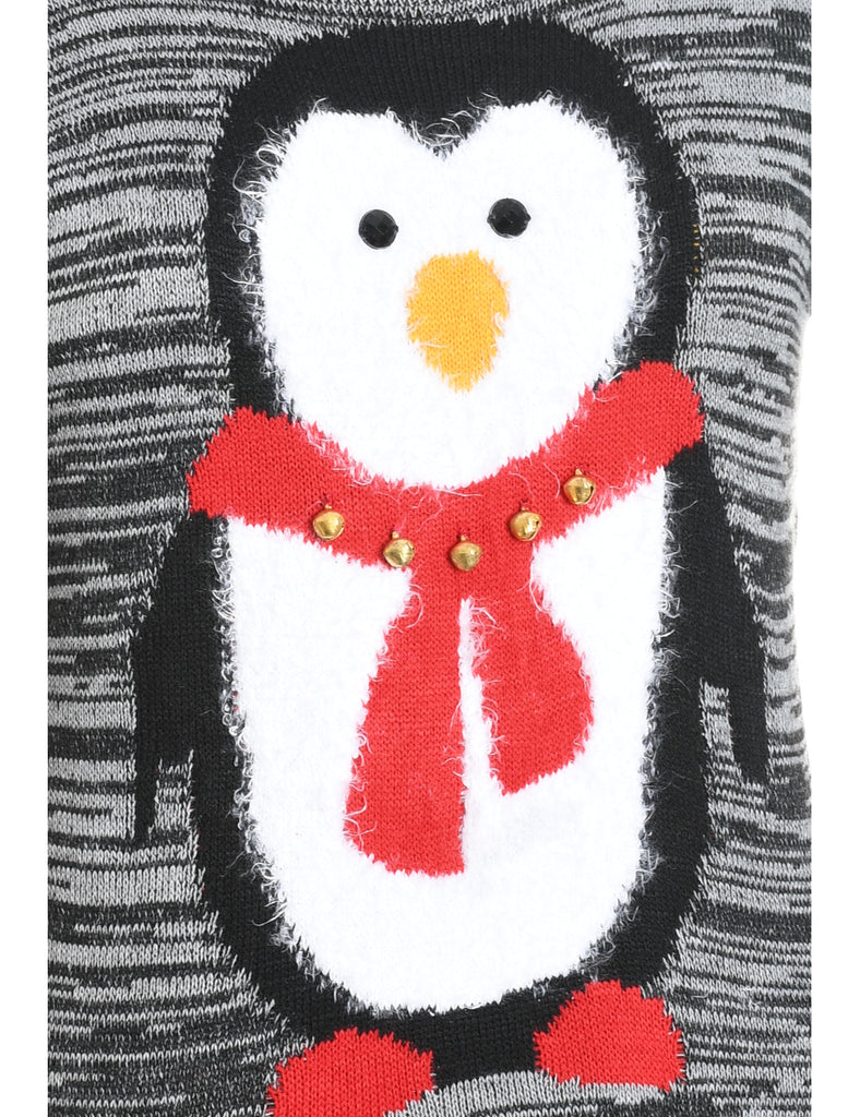 Grey & Red Striped Knit Christmas Jumper  - M