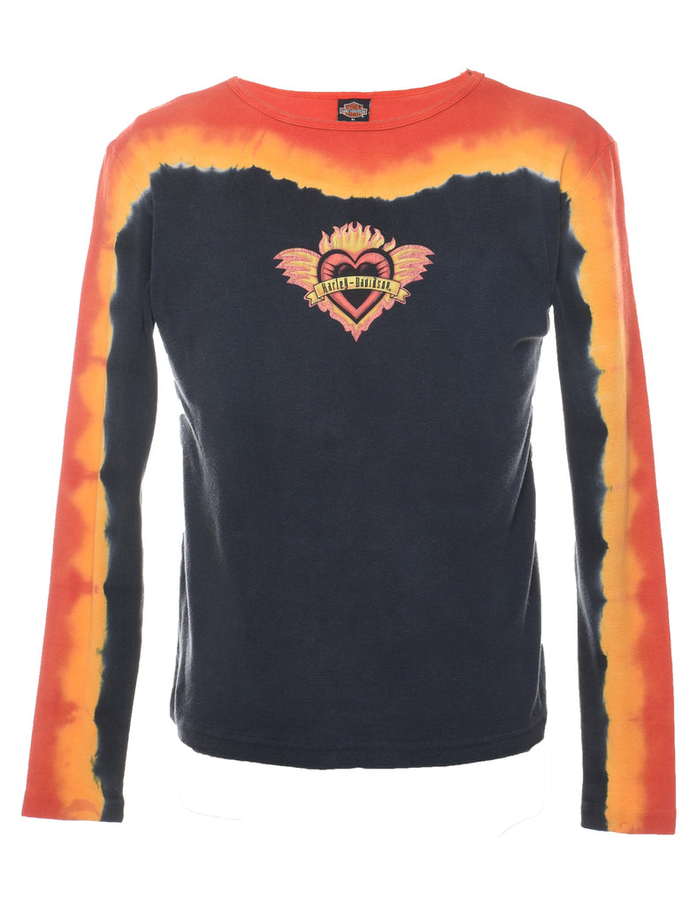 Harley Davidson Black & Orange Y2K Long Sleeve Tie Dye T-shirt - XL