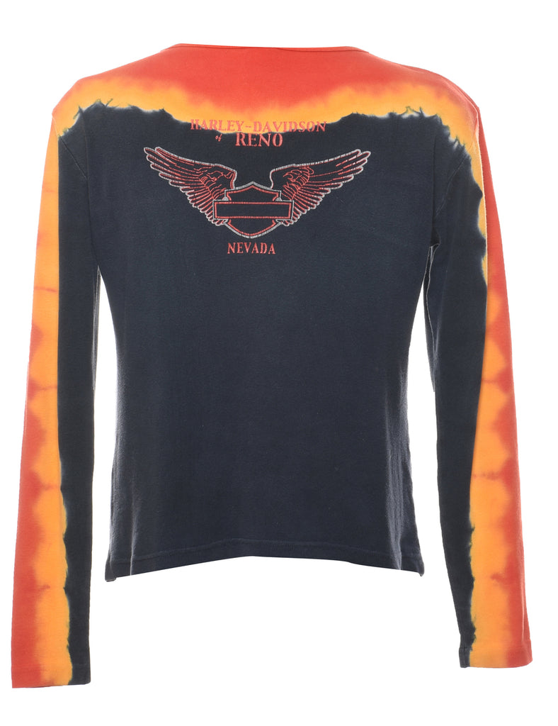 Harley Davidson Black & Orange Y2K Long Sleeve Tie Dye T-shirt - XL