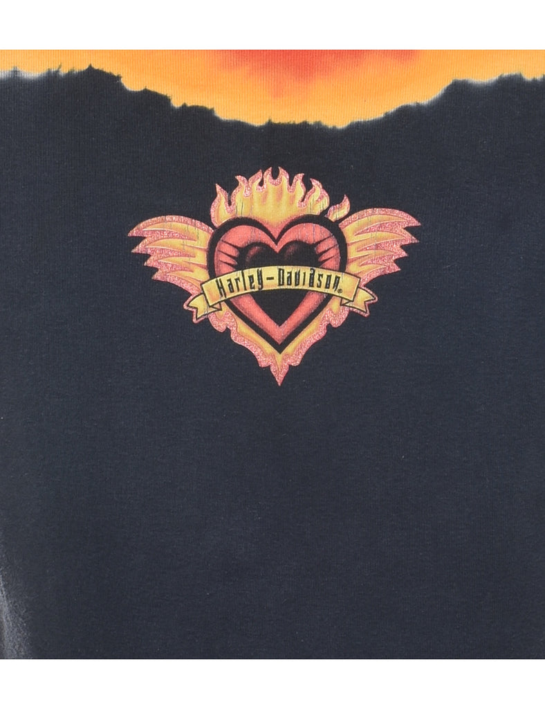 Harley Davidson Black & Orange Y2K Long Sleeve Tie Dye T-shirt - XL