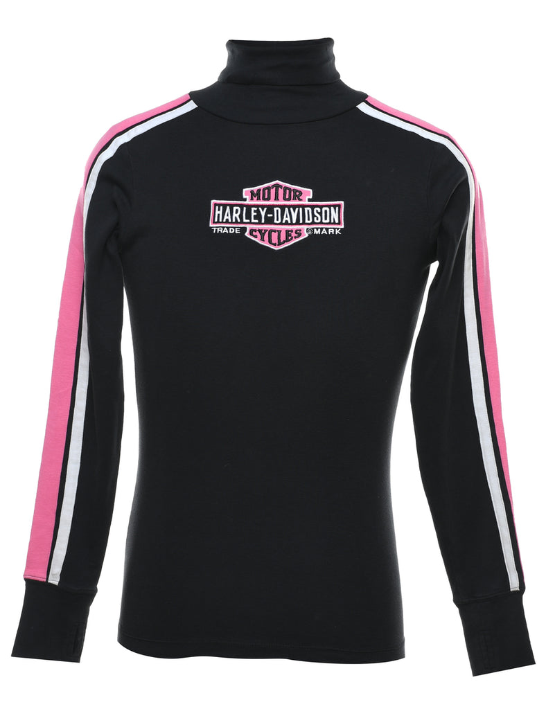 Harley Davidson Black & Pink Y2K High Neck Top - S