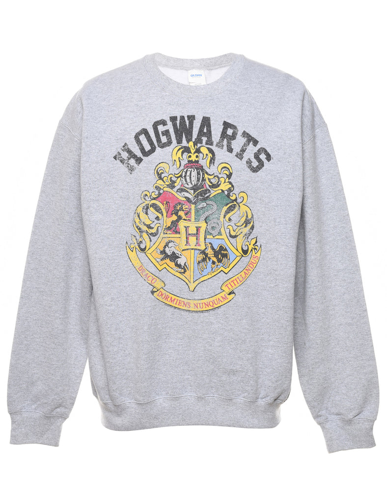Hogwarts Printed Marl Grey Round Neck Sweatshirt - M