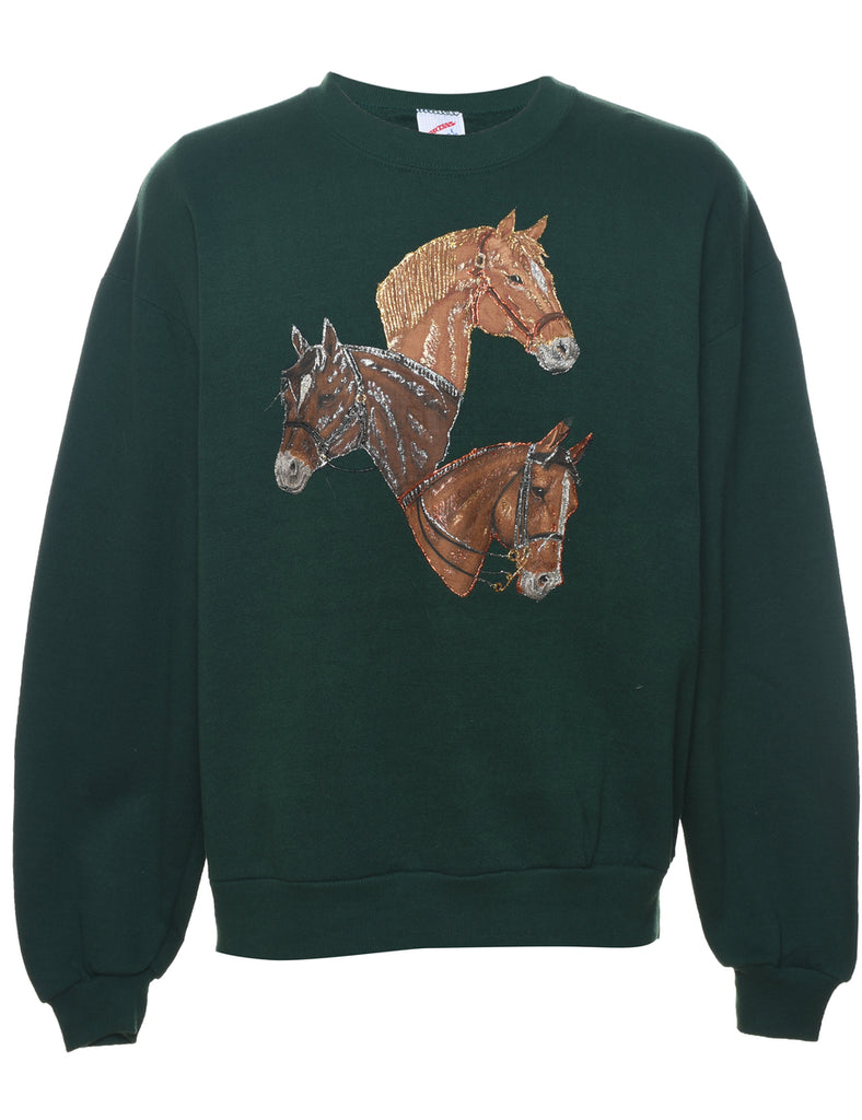 Horse Design Dark Green Sweatshirt - L