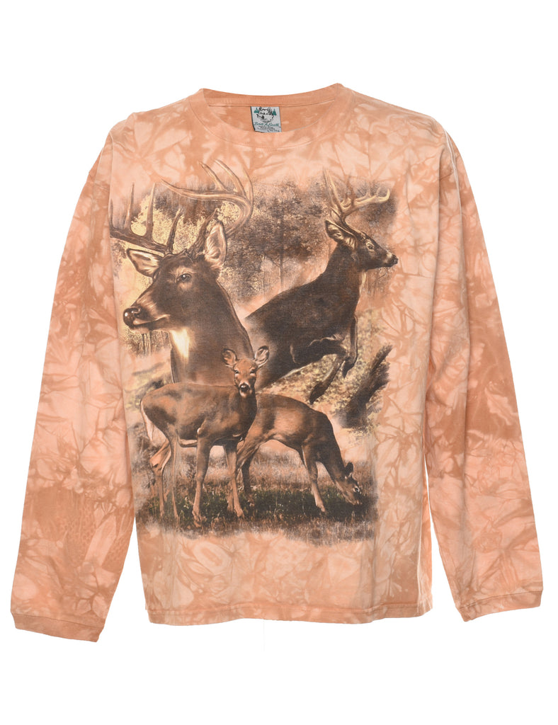 Light Brown Deer Print Tie Dye Animal T-shirt - L