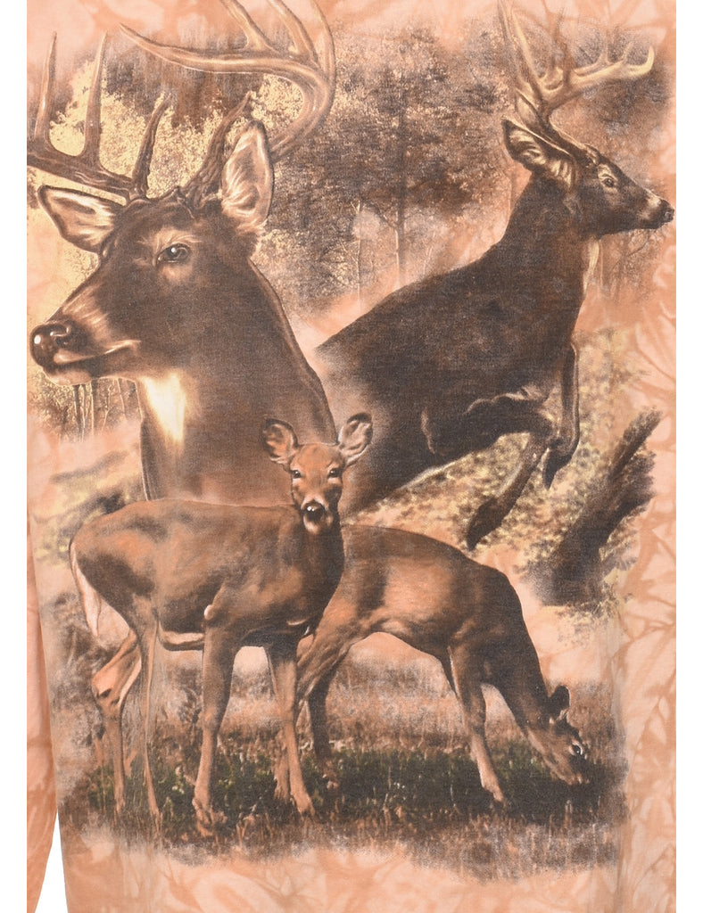 Light Brown Deer Print Tie Dye Animal T-shirt - L