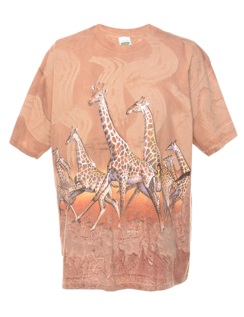 Light Brown Tie Dye Giraffe Animal T-shirt - XL