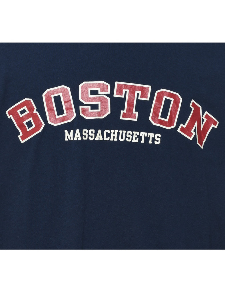 Long Sleeved Boston Navy & Maroon Printed T-shirt - XL
