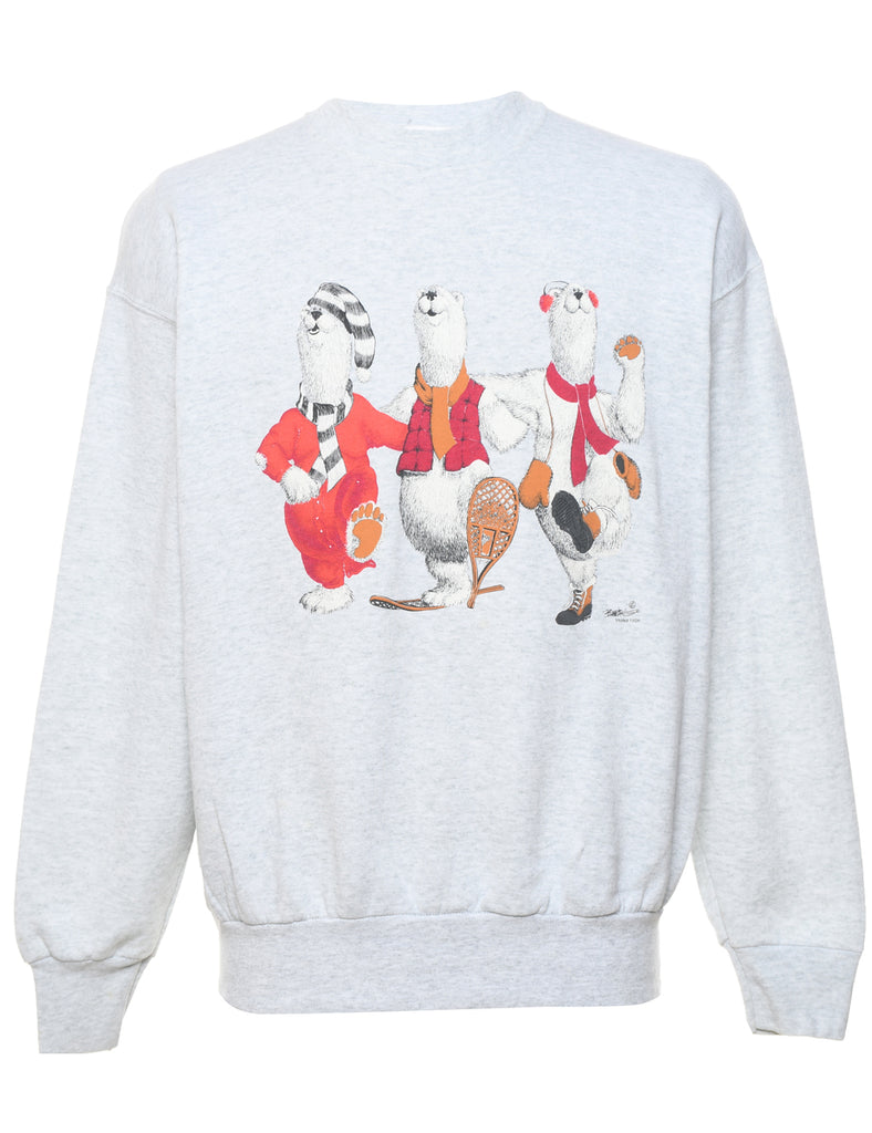 Marl Grey Polar Bear Design 1990s Cartoon Sweatshirt - L