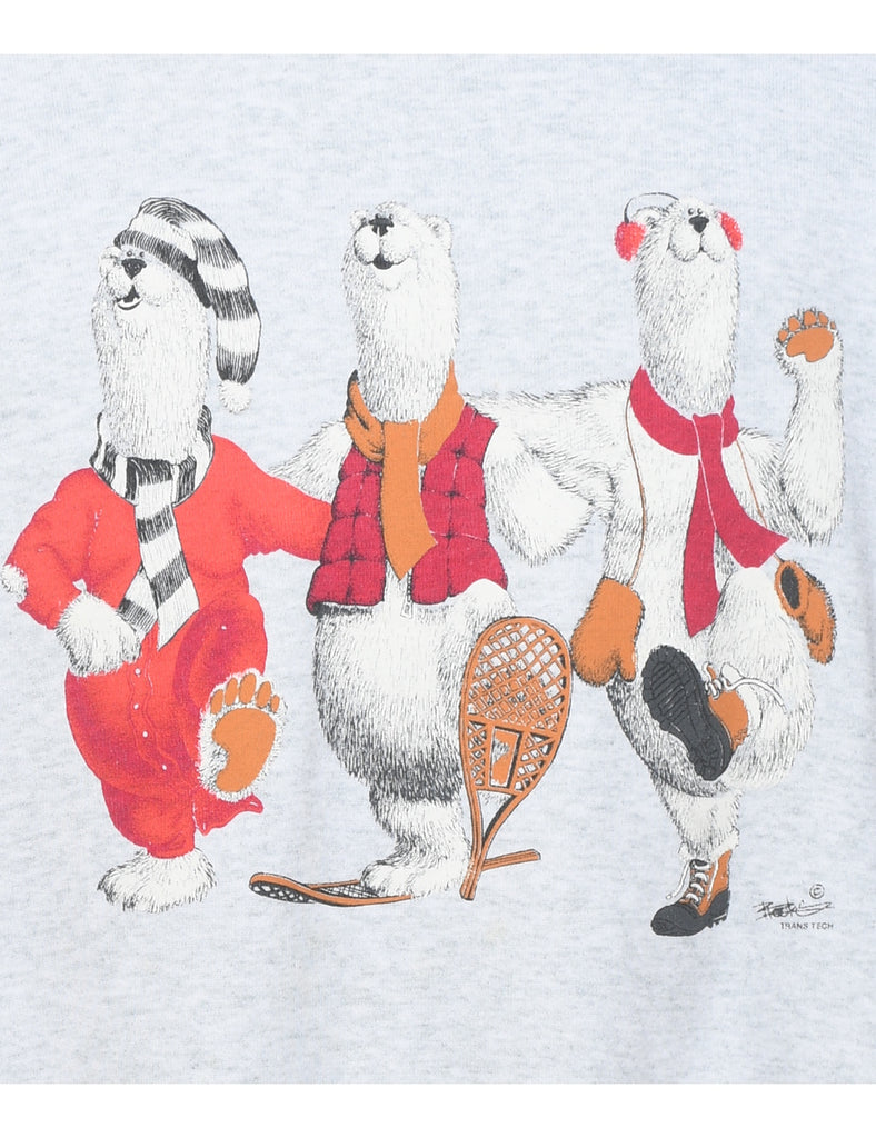 Marl Grey Polar Bear Design 1990s Cartoon Sweatshirt - L