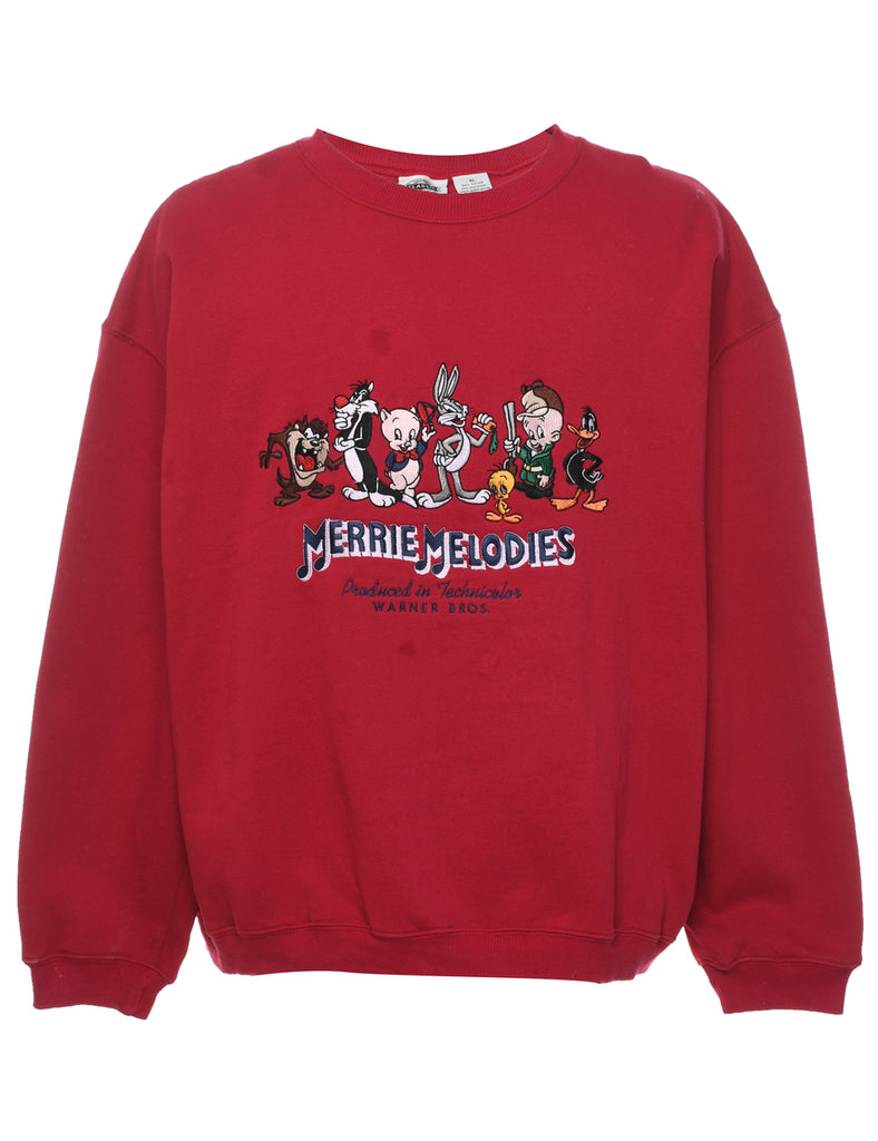 Merrie Melodies Red Embroidered Cartoon Sweatshirt - XL