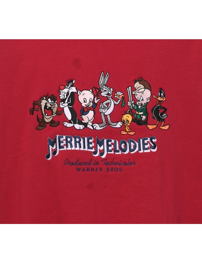 Merrie Melodies Red Embroidered Cartoon Sweatshirt - XL