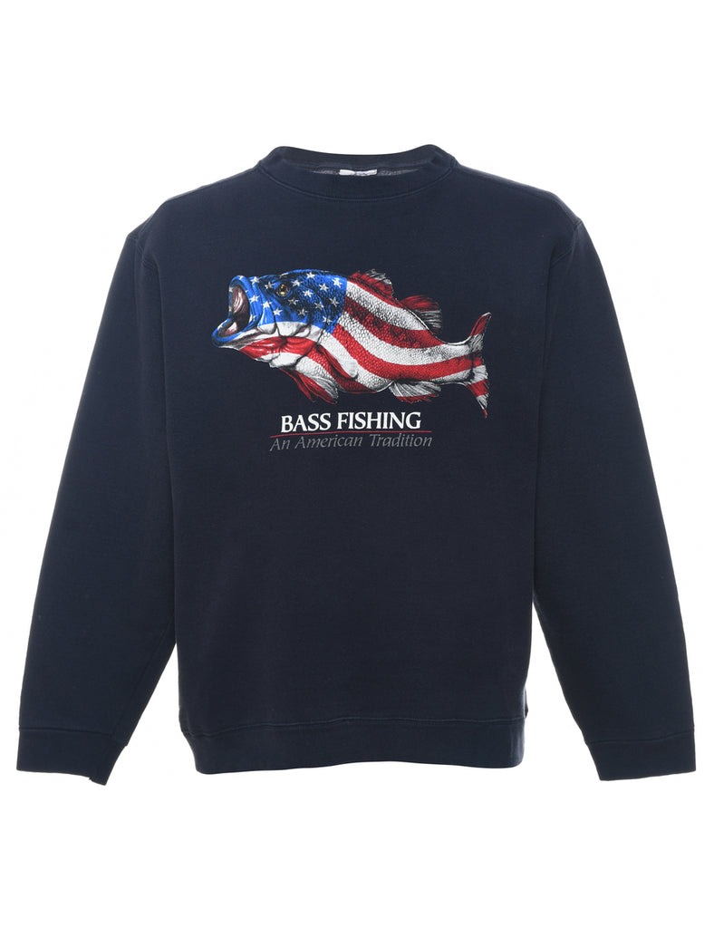 Navy Bass Fishing Printed Sweatshirt - L
