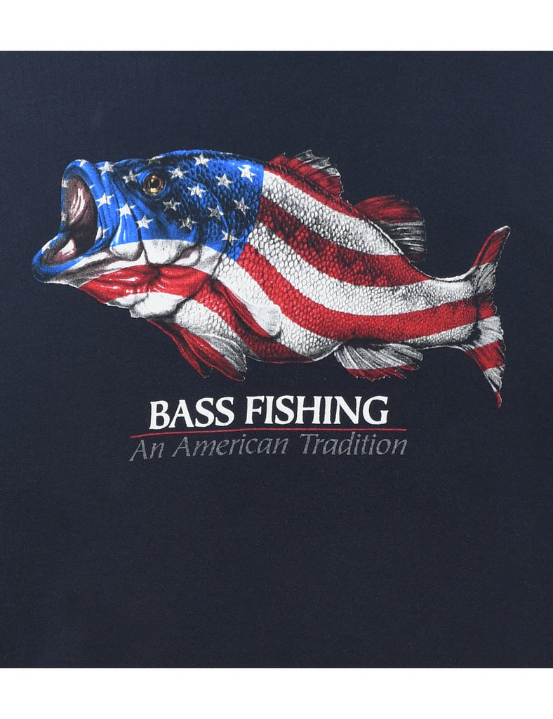 Navy Bass Fishing Printed Sweatshirt - L
