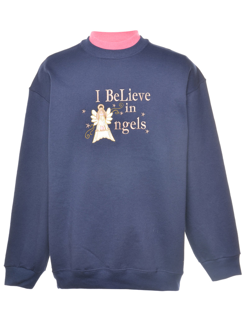 Navy I Belive In Angles Printed Sweatshirt - XL