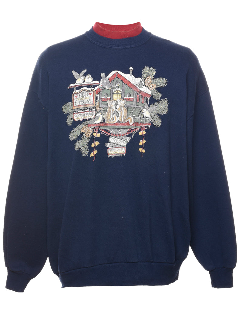 Navy & Red Christmas Squirrel Print Sweatshirt - XL