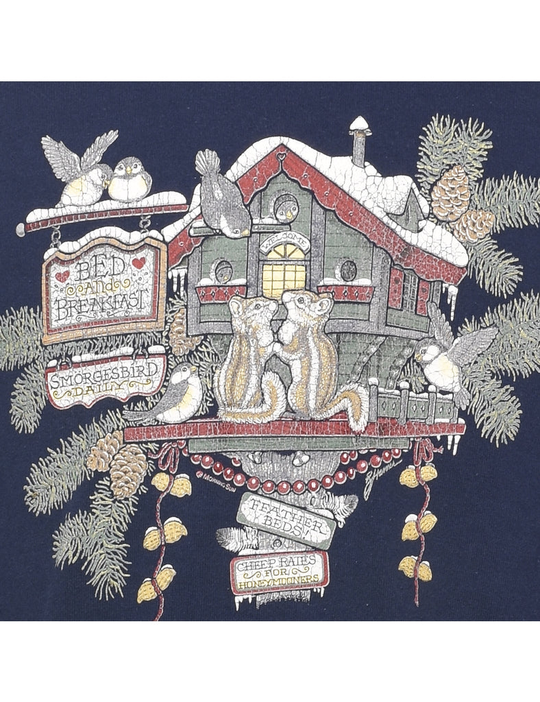 Navy & Red Christmas Squirrel Print Sweatshirt - XL