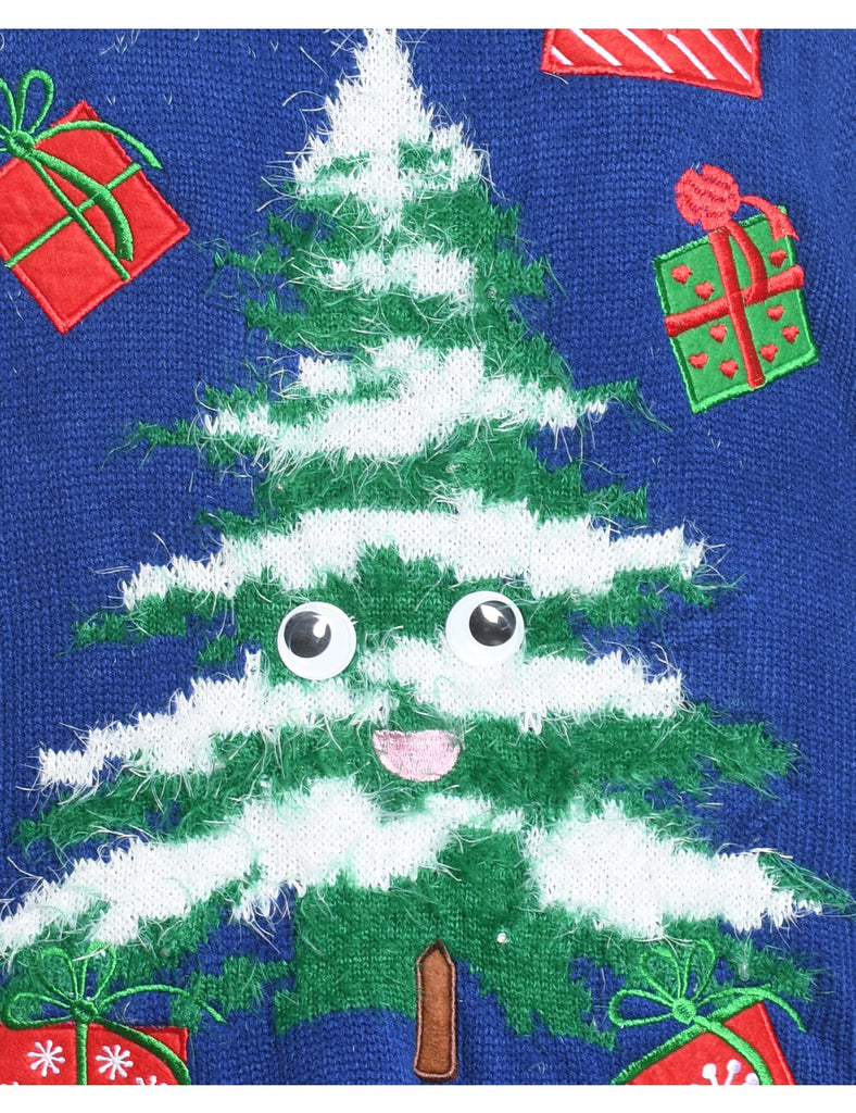 Navy Tree Design Christmas Jumper - L