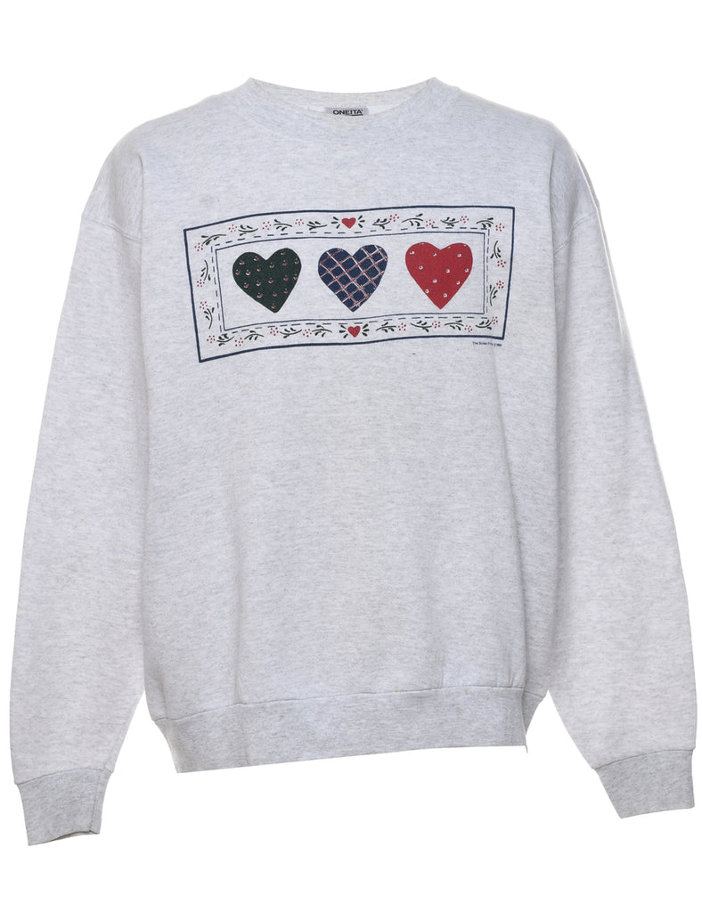 Oneita Printed Heart Design 1990s Sweatshirt - XL
