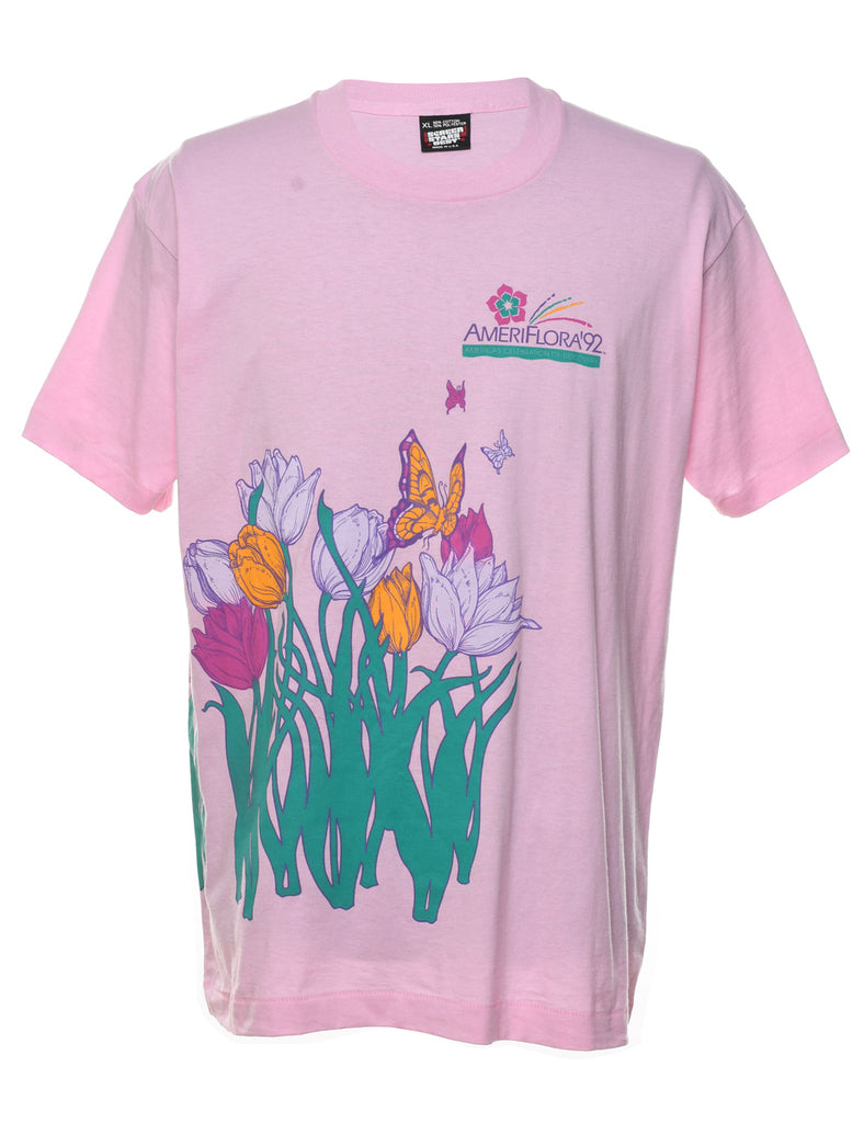 Pink Floral Design Graphic 1990s T-Shirt - XL