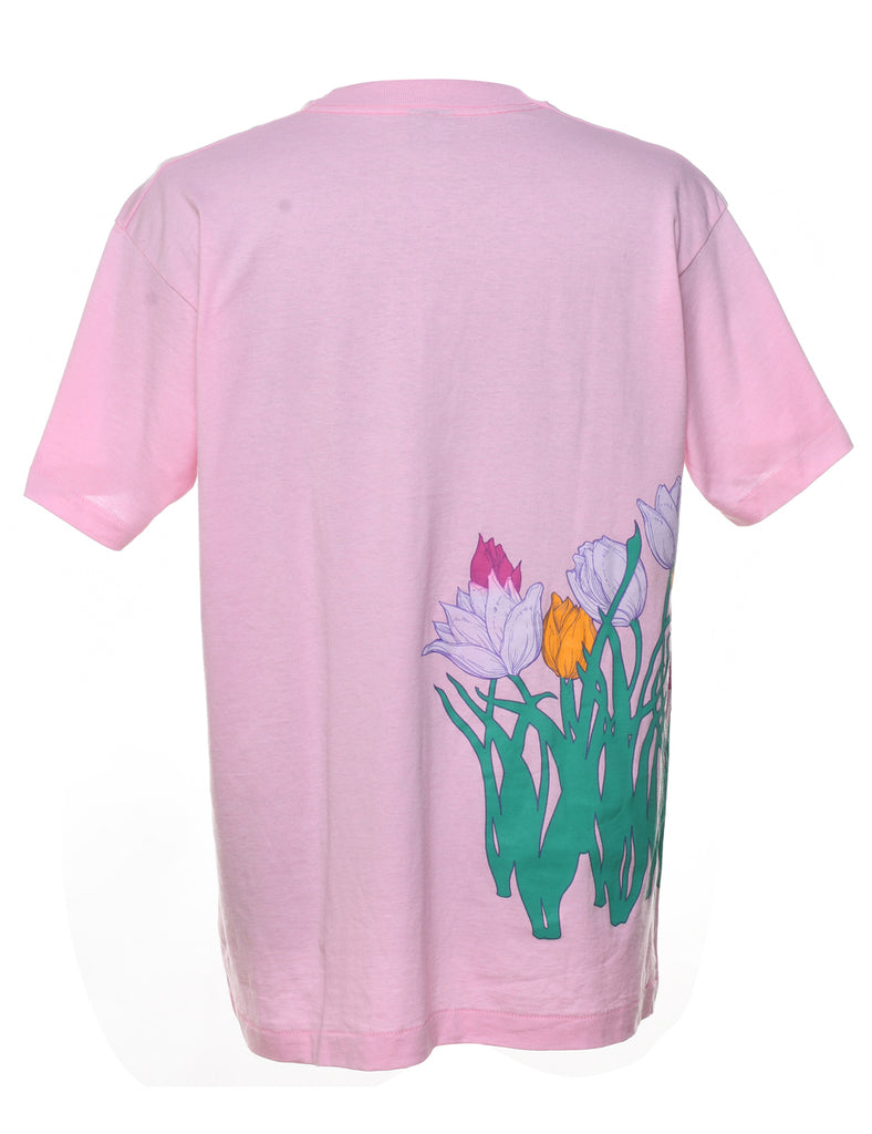 Pink Floral Design Graphic 1990s T-Shirt - XL