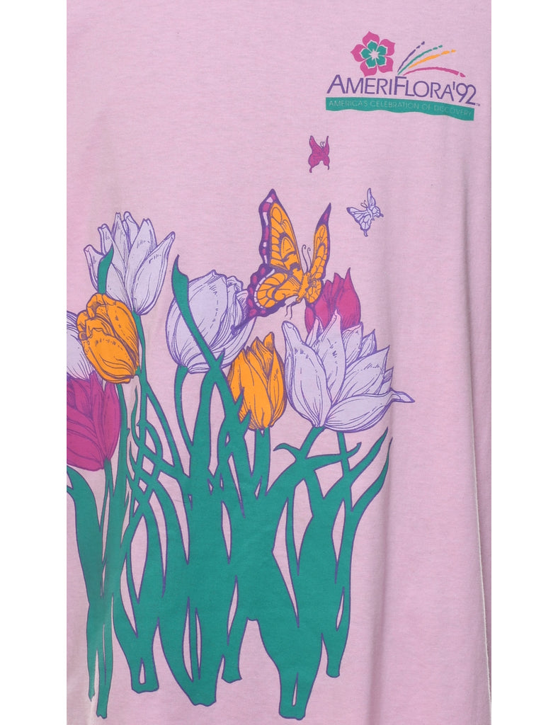Pink Floral Design Graphic 1990s T-Shirt - XL
