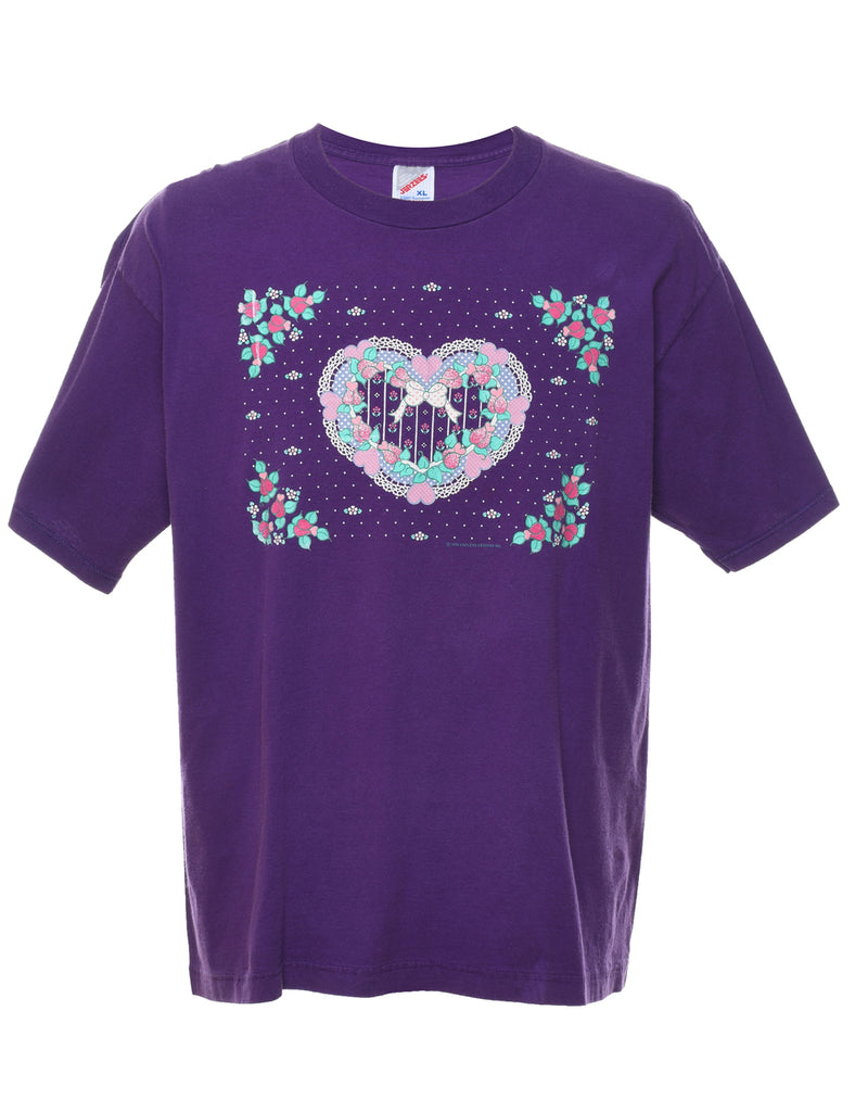 Purple Printed 1990s Floral T-shirt - XL