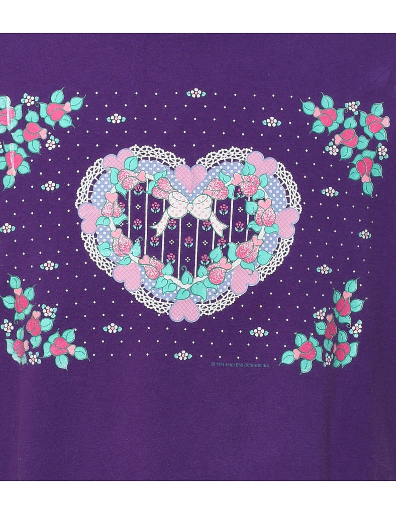 Purple Printed 1990s Floral T-shirt - XL
