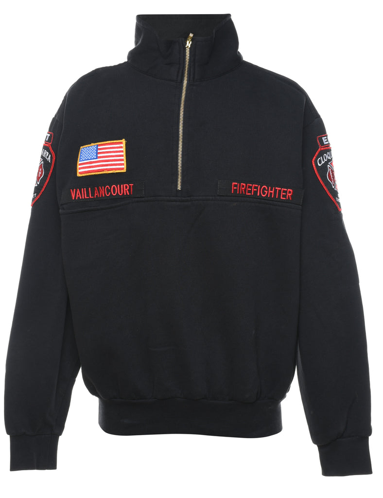 Quarter-Zip Black Embroidered Sweatshirt - S