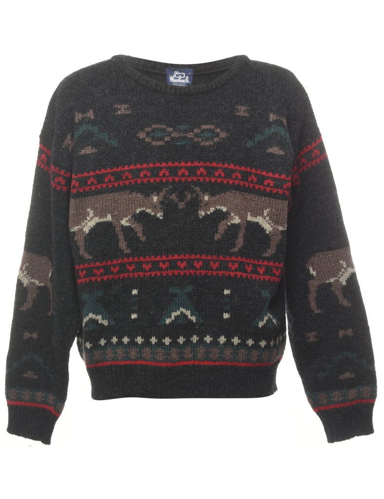 Raindeer Print Dark Grey Christmas Jumper - L