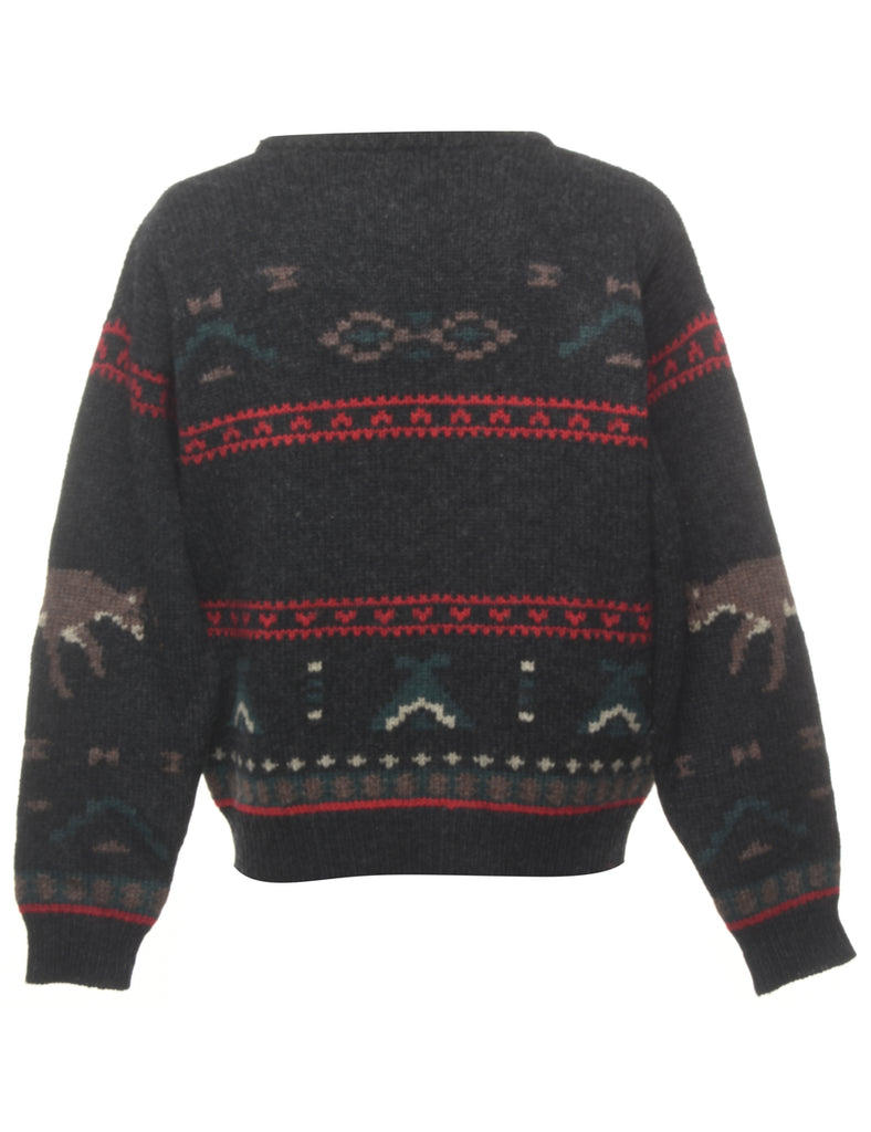 Raindeer Print Dark Grey Christmas Jumper - L