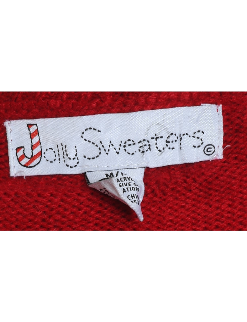 Red Embroidered & Applique Design Christmas Jumper - M