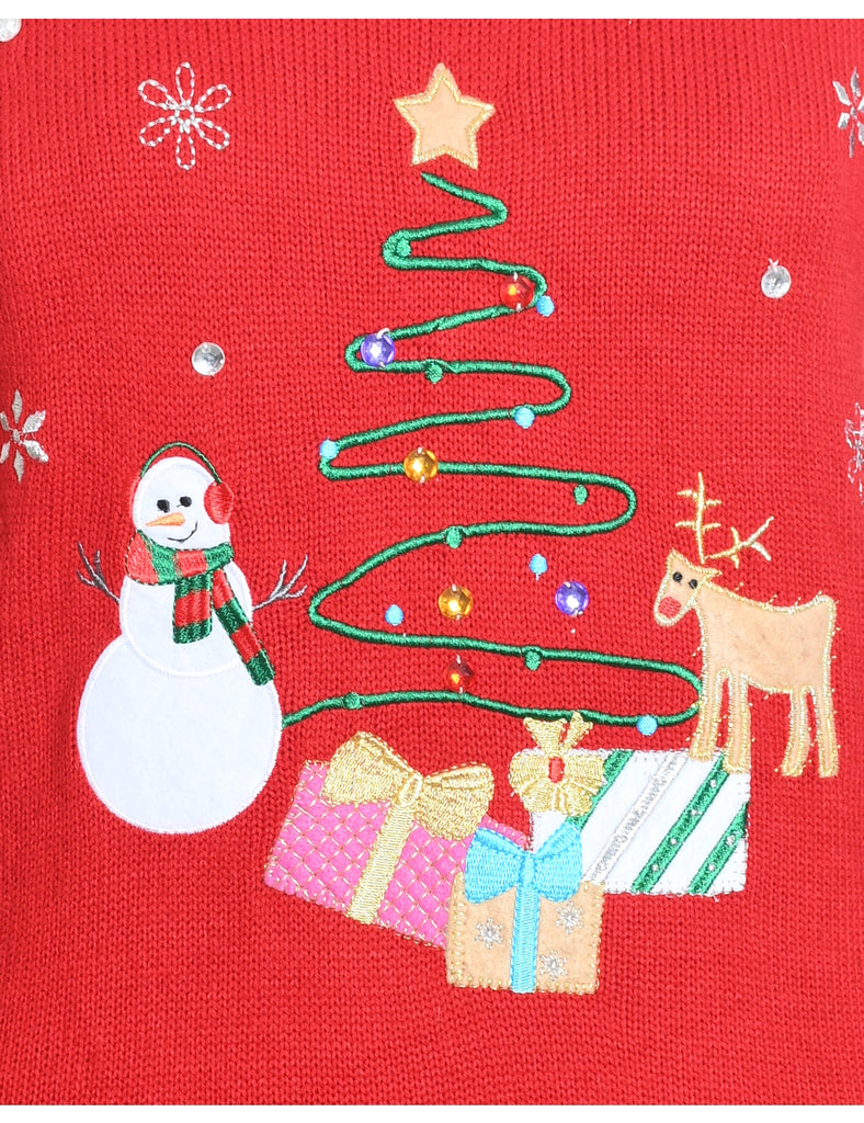 Red Embroidered Knit Christmas Jumper - M