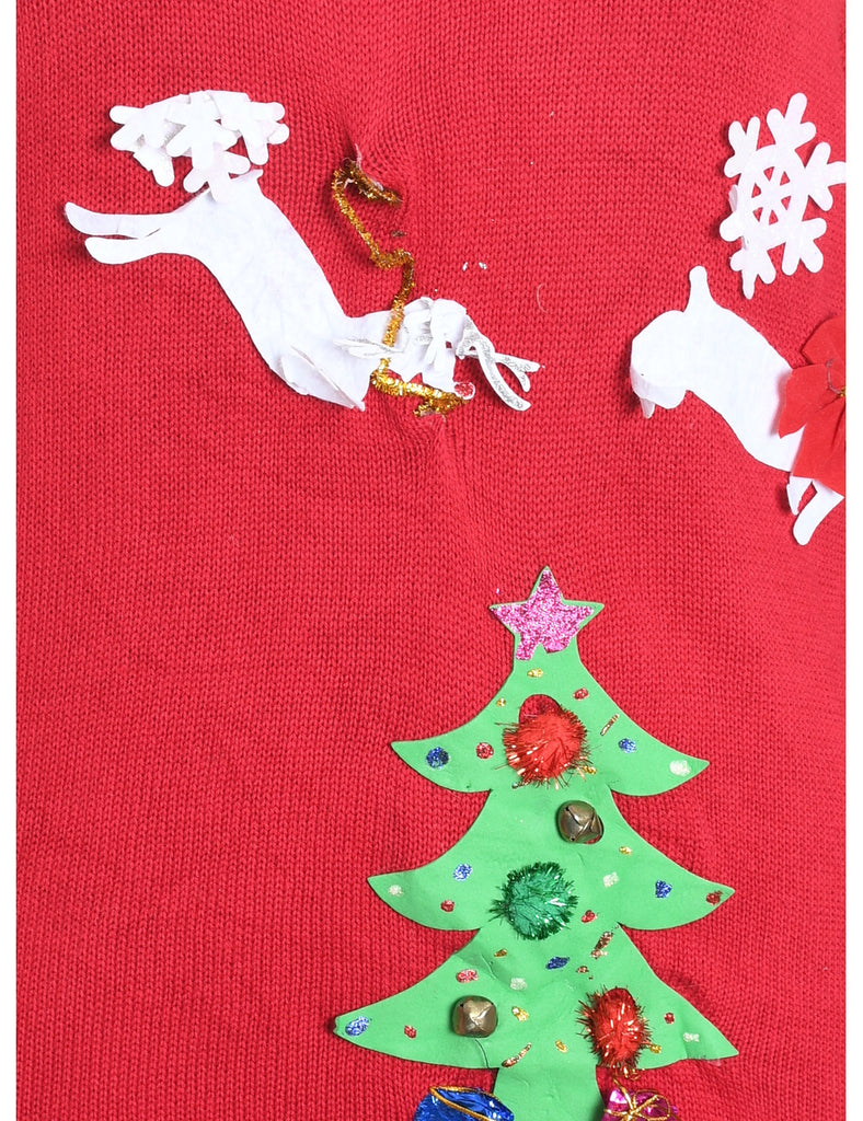 Red Knit Reindeer Design Christmas Jumper - XL