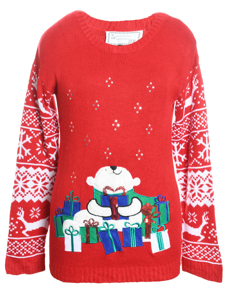 Red & White Polar Bear Design Appliqued Christmas Jumper - M