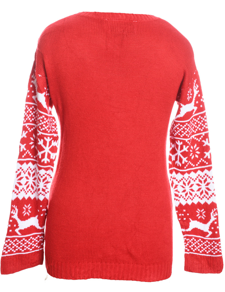 Red & White Polar Bear Design Appliqued Christmas Jumper - M